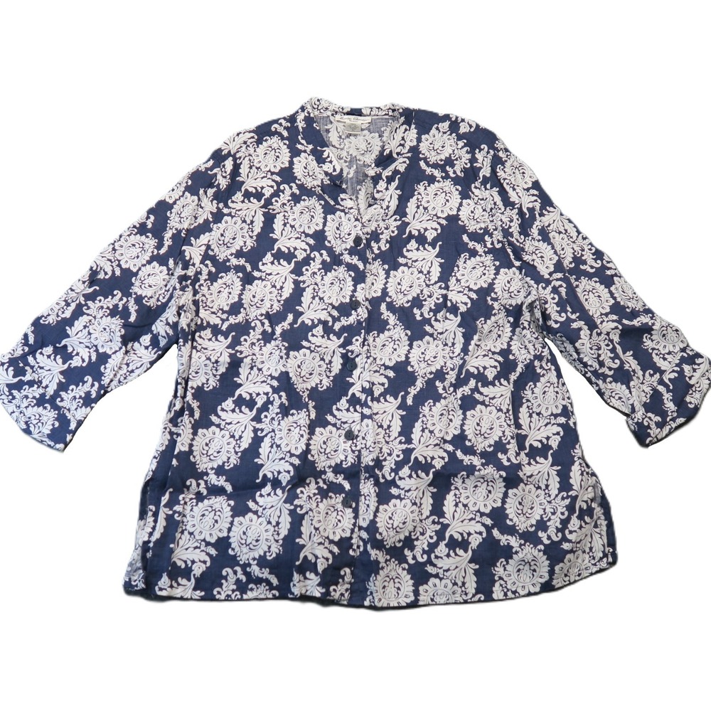 Marisa Christina Linen Tunic Top 3X Blue White Damask Coastal Resort Boho Luxury